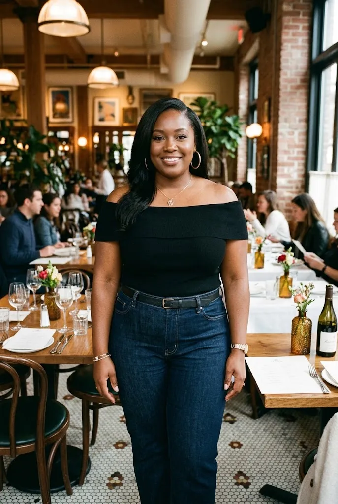 Fully plus size Black woman with a deep side part silk press wearing an off shoulder top and high waist jeans at a restaurant