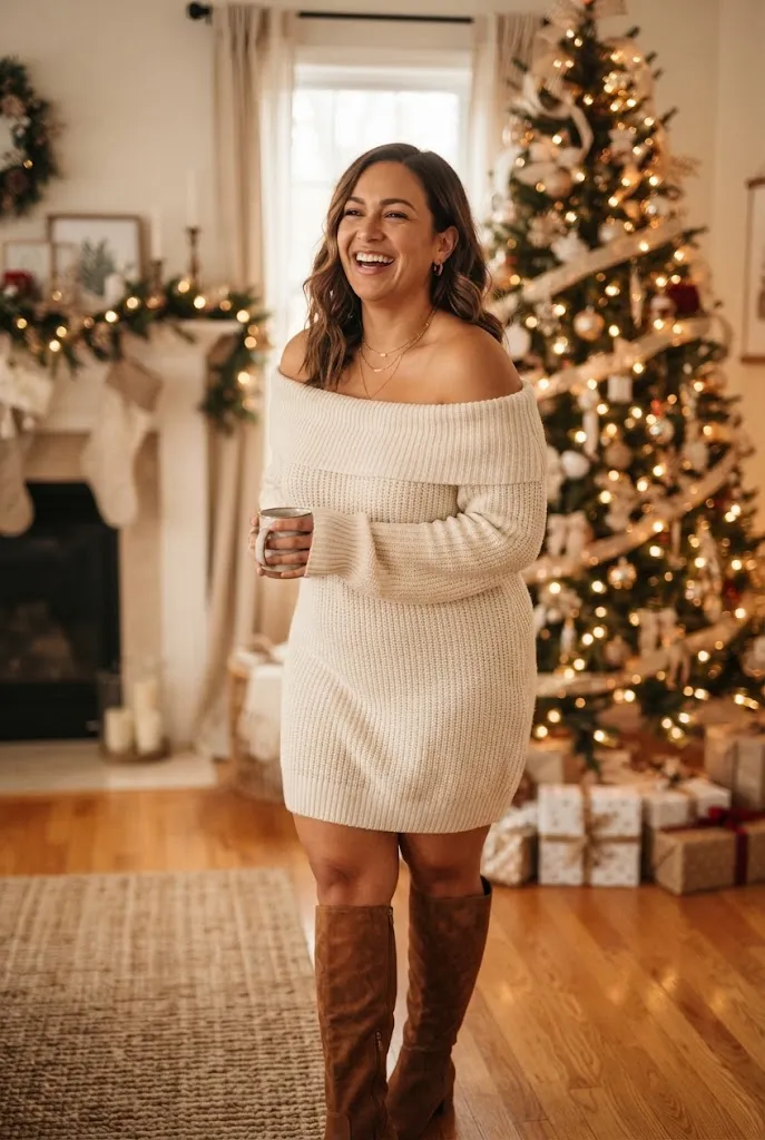 Curvy woman wearing an off shoulder sweater dress with tall boots by a Christmas tree