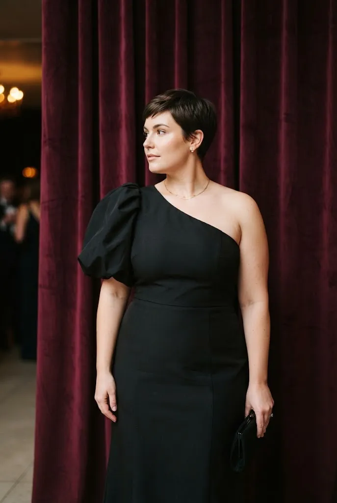 Curvy woman wearing a one shoulder dress with a dramatic statement sleeve