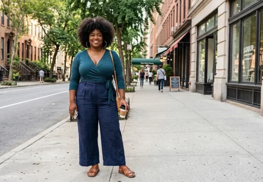 Wide featured image of fully plus size Black woman with a curly afro wearing a confident stylish outfit outdoors in clear daylight