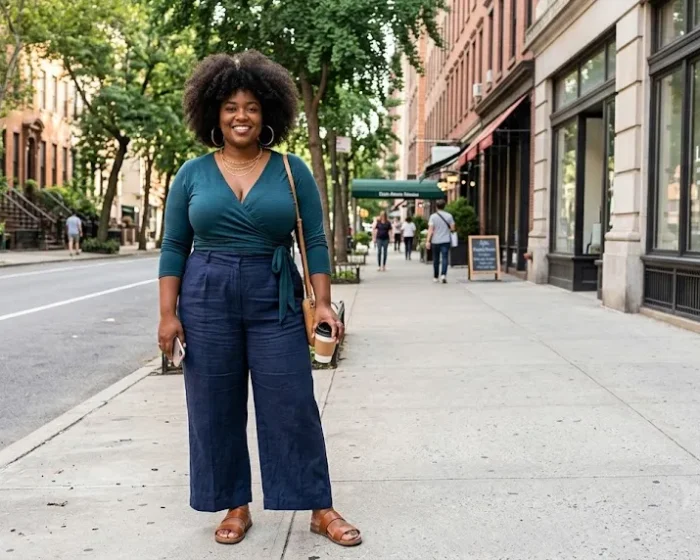 Wide featured image of fully plus size Black woman with a curly afro wearing a confident stylish outfit outdoors in clear daylight