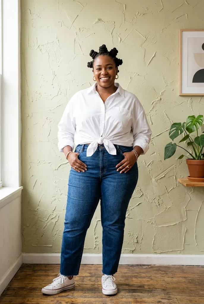 Fully plus size Black woman with bantu knots wearing an oversized button down shirt knotted at the waist with jeans