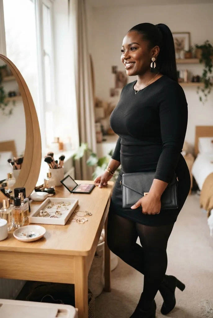 Curvy woman finishing a winter party outfit with a clutch and statement jewelry