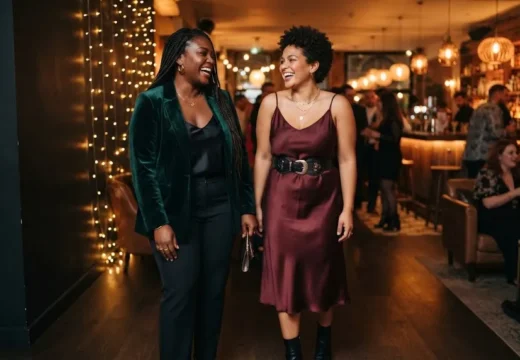 Two curvy plus size women in stylish party outfits standing together