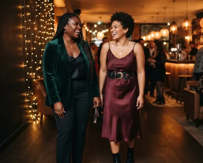 Two curvy plus size women in stylish party outfits standing together