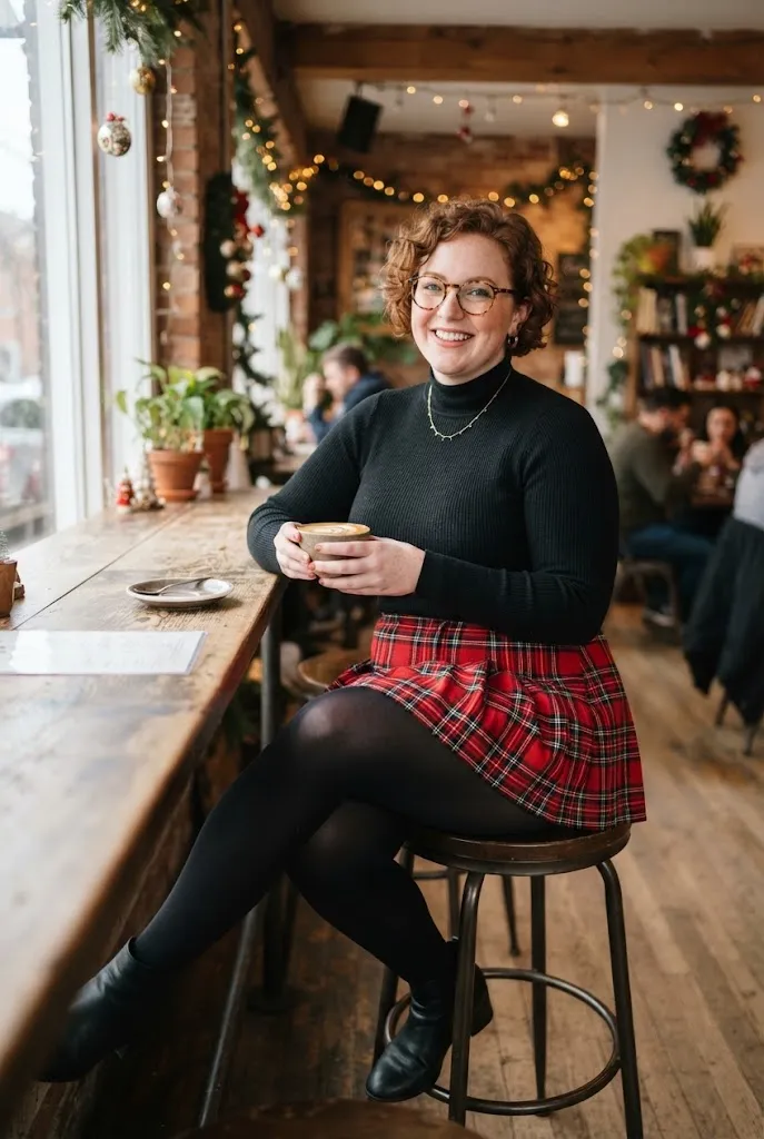 Curvy woman in a plaid mini skirt and turtleneck with opaque tights