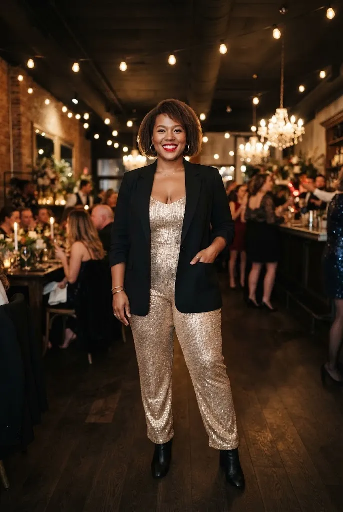 Curvy woman wearing a sequin bodysuit layered under a tailored blazer for a party