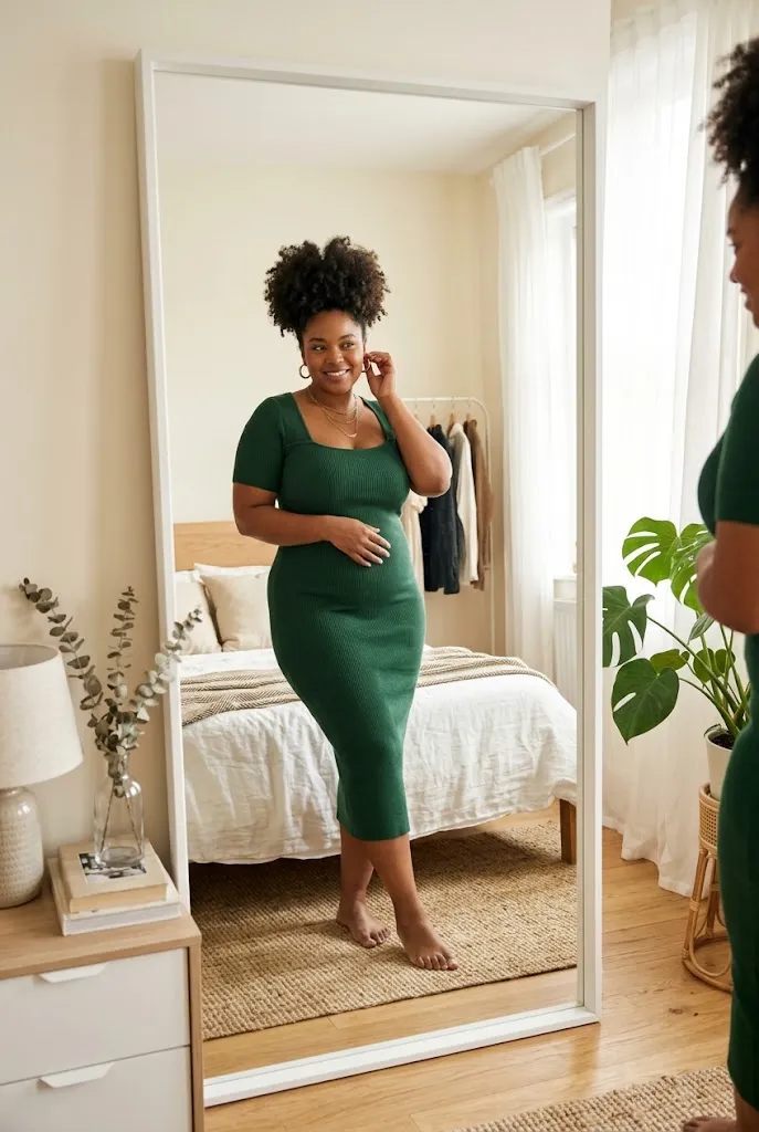 Fully plus size Black woman with a curly high puff wearing a fitted dress with correctly matched shapewear underneath in a bedroom