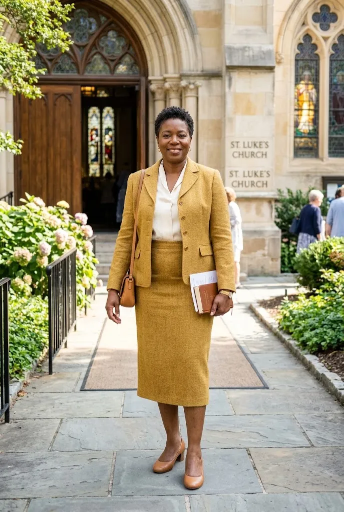 Fully plus size Black woman with a short pixie cut wearing a fitted jacket and midi skirt suit outside a church