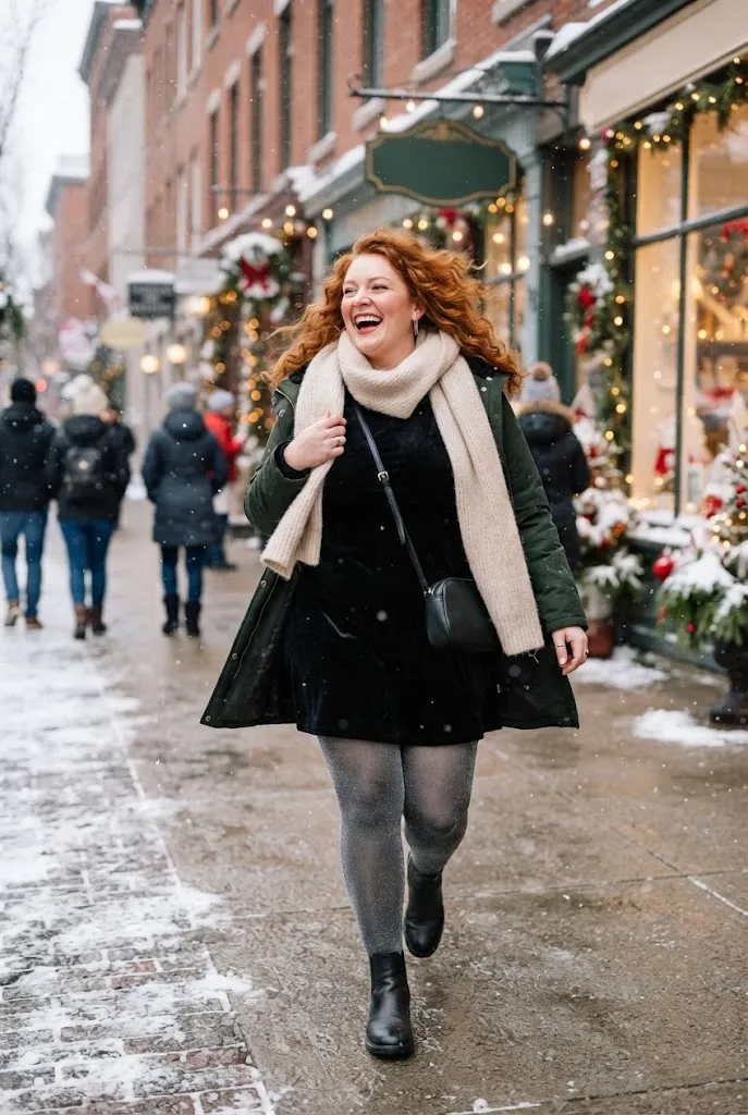 Curvy woman wearing a mini dress layered with sparkly winter tights