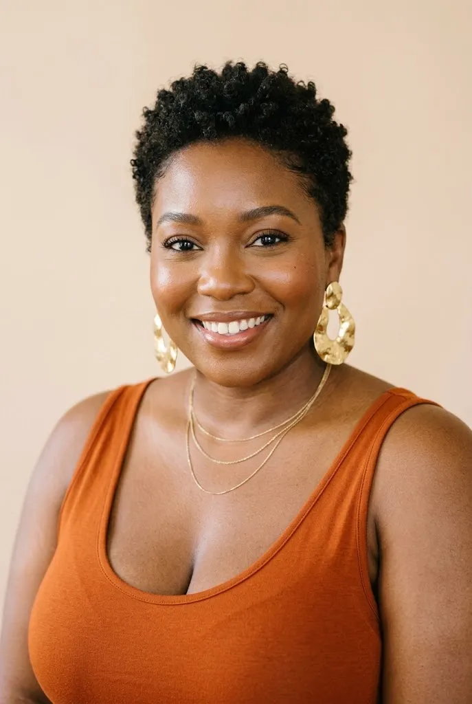 Fully plus size Black woman with a short tapered cut wearing gold statement earrings and a scoop neck top