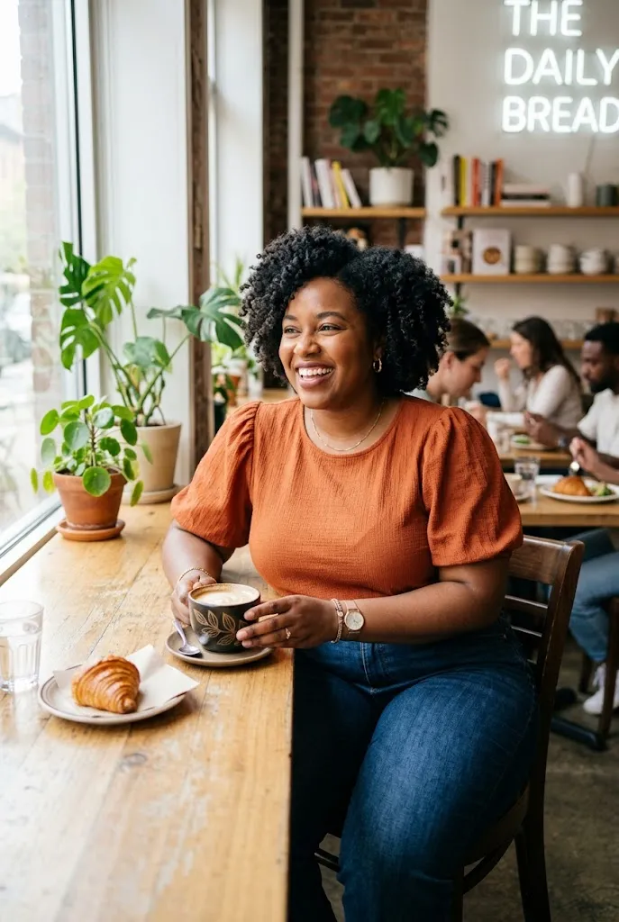 Fully plus size Black woman with a curly wash and go afro wearing a puff sleeve top and fitted jeans in a cafe