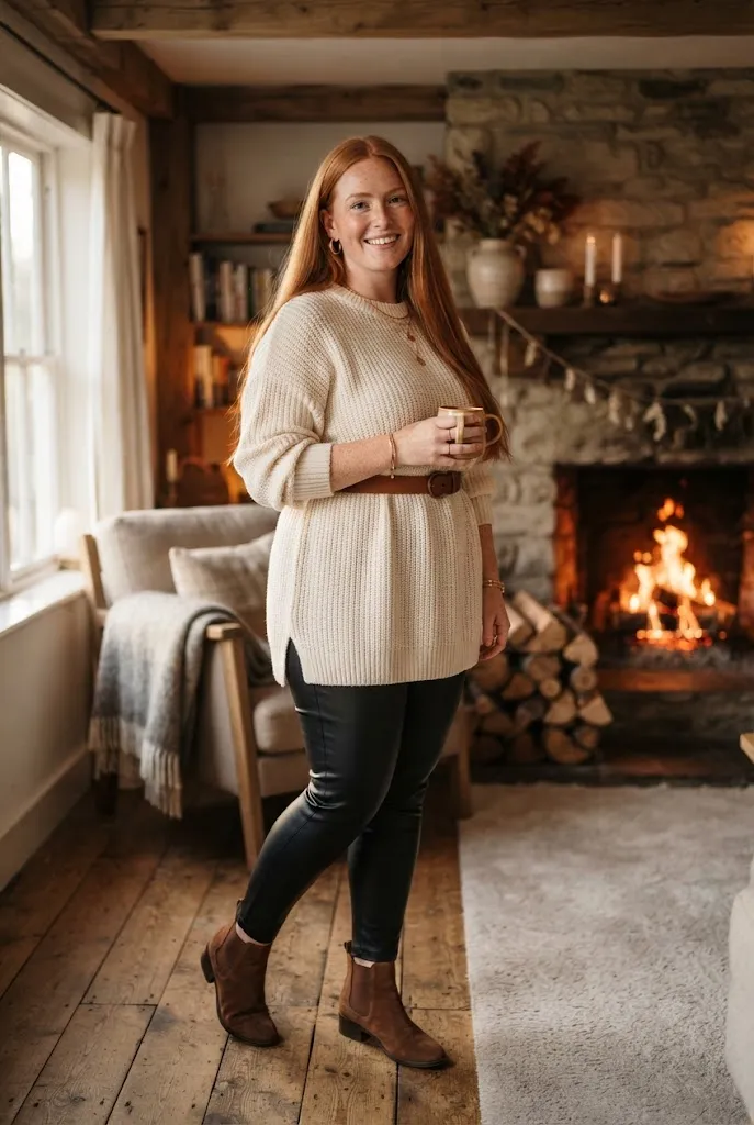 Curvy woman styling an oversized sweater tunic with faux leather leggings for winter