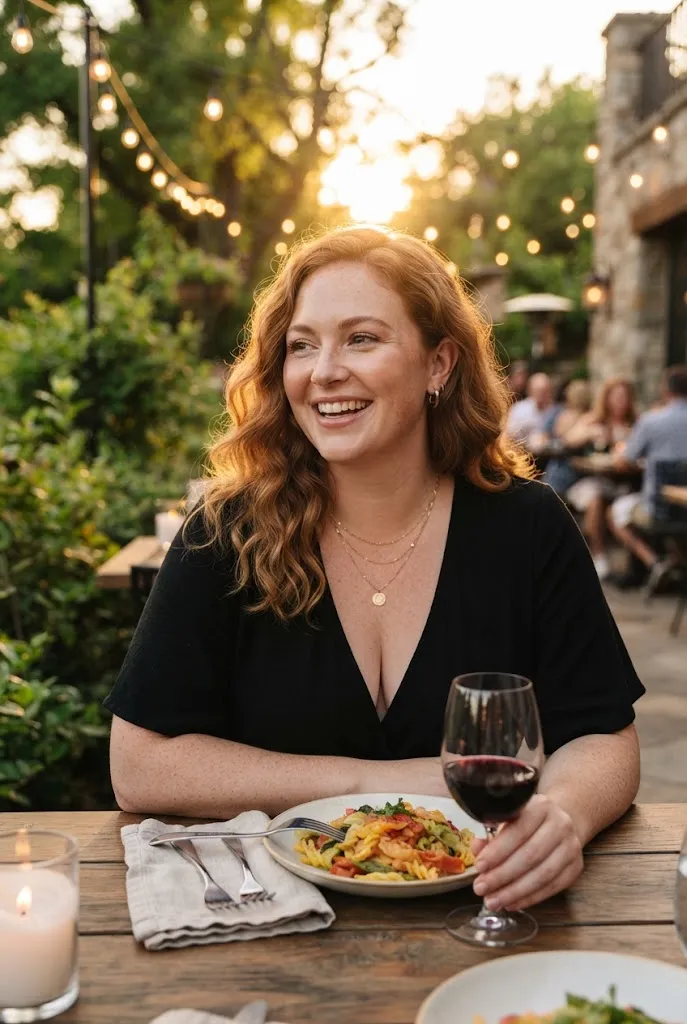 Plus size woman wearing a deep v neck top and pendant necklace at an outdoor dinner