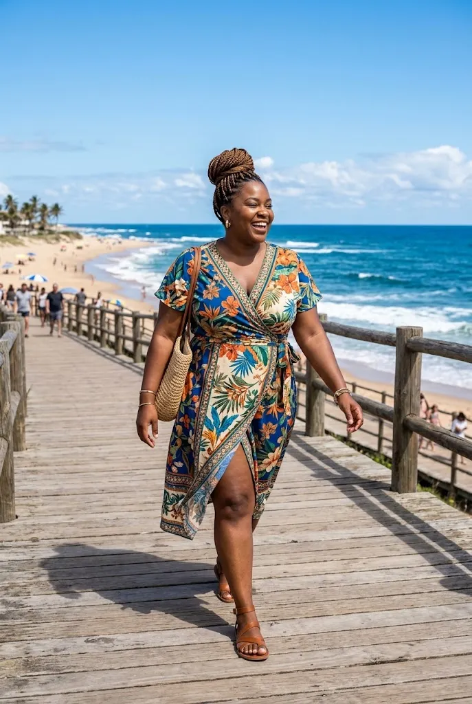 Fully plus size Black woman with braided high bun wearing a printed wrap dress and sandals on a clear beach boardwalk