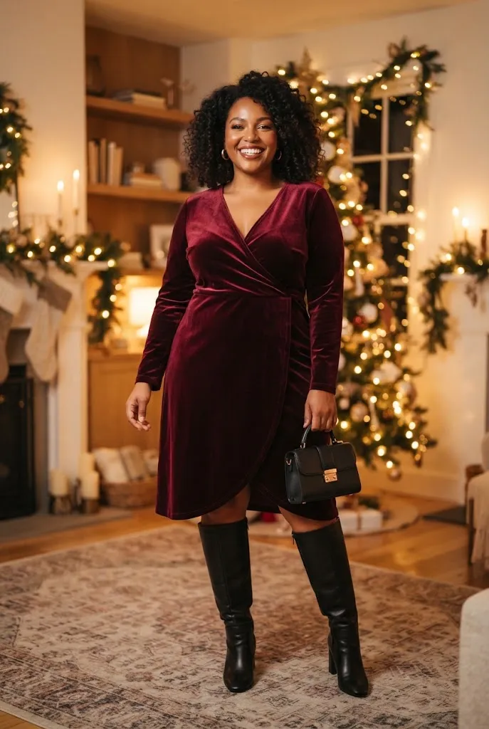 Curvy woman in a burgundy velvet wrap dress and knee high boots at a winter party