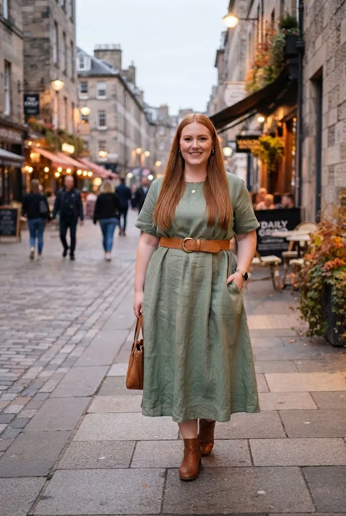 Curvy woman wearing a loose midi dress cinched with a wide belt at the waist outdoors