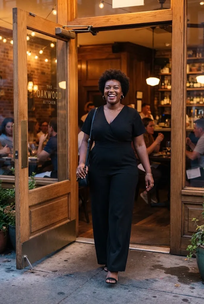 Plus size woman in a black wide leg jumpsuit walking into a restaurant for a date