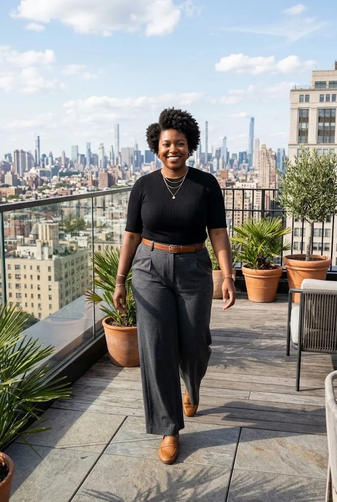 Fully plus size Black woman with a tapered natural fro wearing heavy ponte wide leg trousers and a fitted top on a rooftop