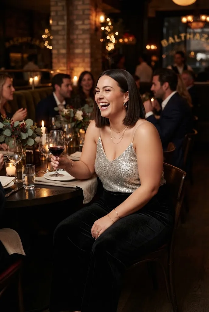Curvy woman in wide leg velvet pants with a sparkly camisole