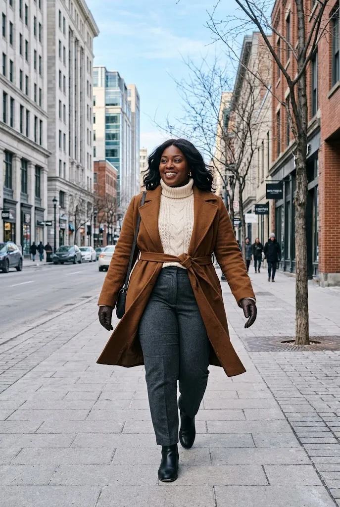 Fully plus size Black woman with a wavy shoulder-length wig wearing a belted wool coat over layers on a clear winter street