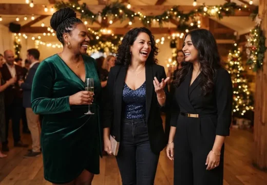 Group of curvy women wearing plus size winter party outfits together