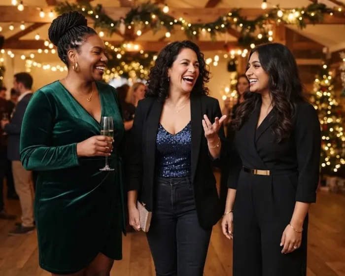 Group of curvy women wearing plus size winter party outfits together