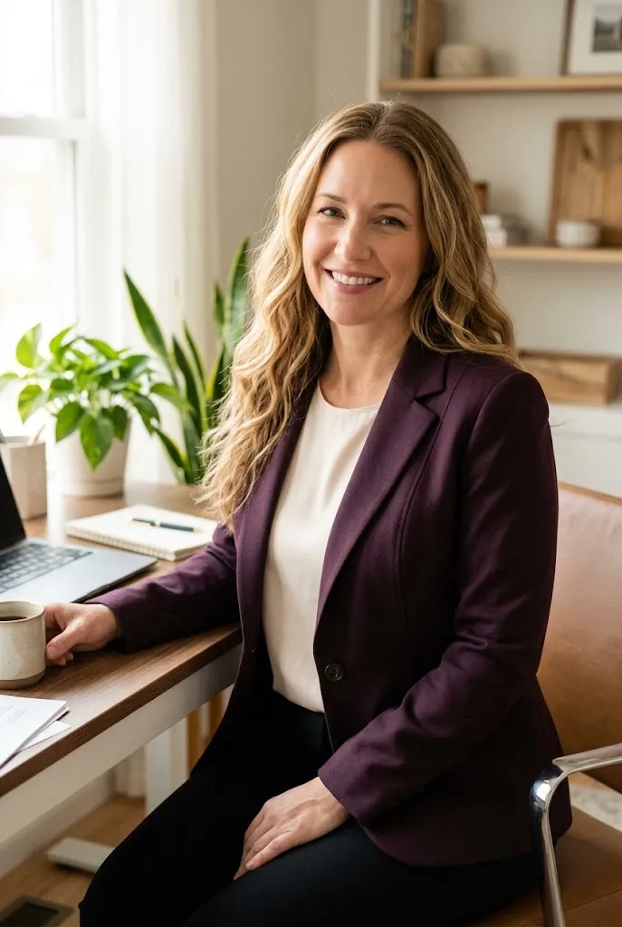 Curved woman seated at a desk wearing a fitted single button blazer with a defined waist seam