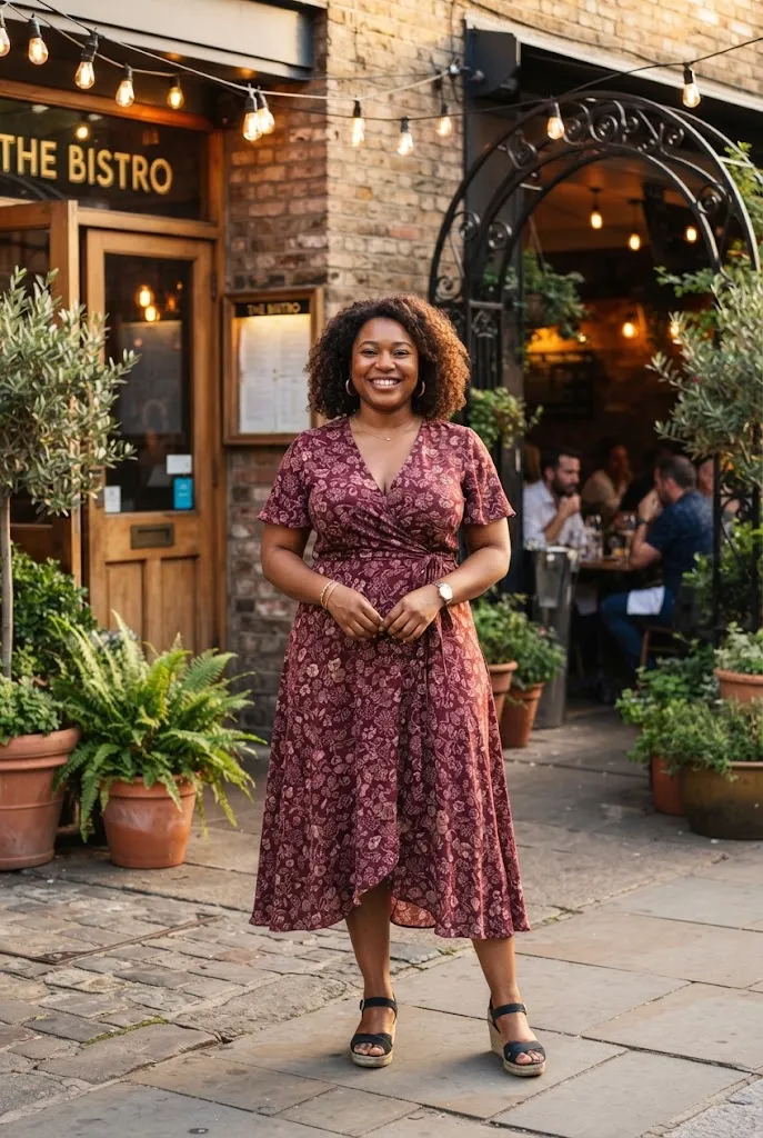 Plus size woman in a burgundy wrap dress standing in a softly lit restaurant entrance for date night