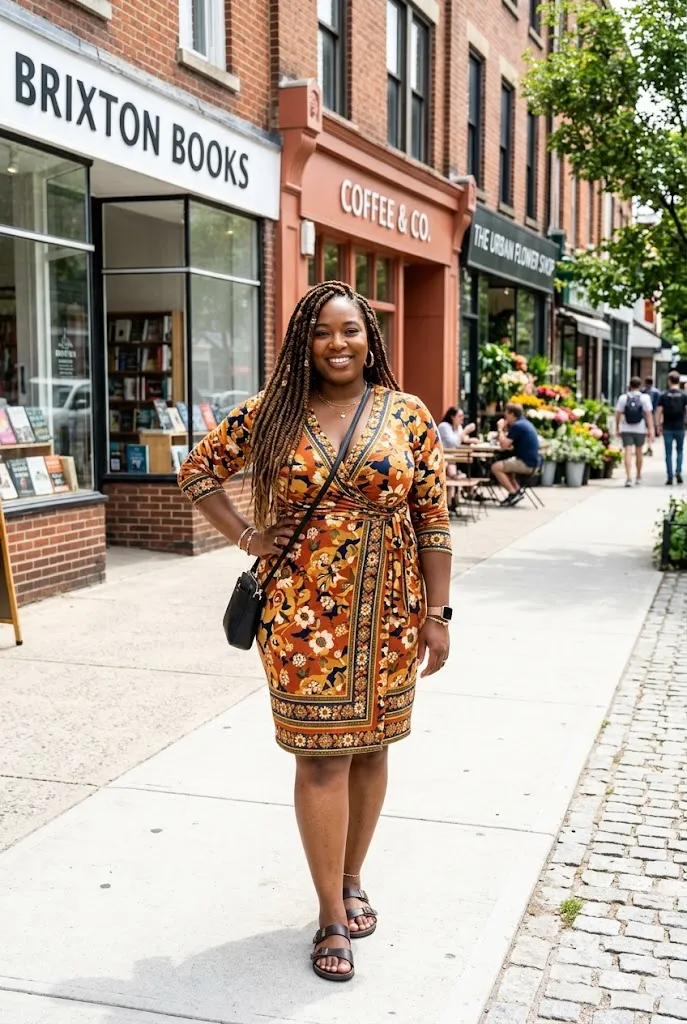 Fully plus size Black woman with long box braids wearing a fitted jersey wrap dress standing on a city sidewalk
