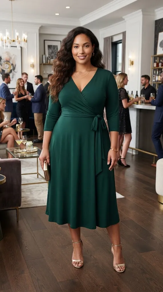 Plus size curvy woman wearing an emerald faux-wrap midi dress for a party