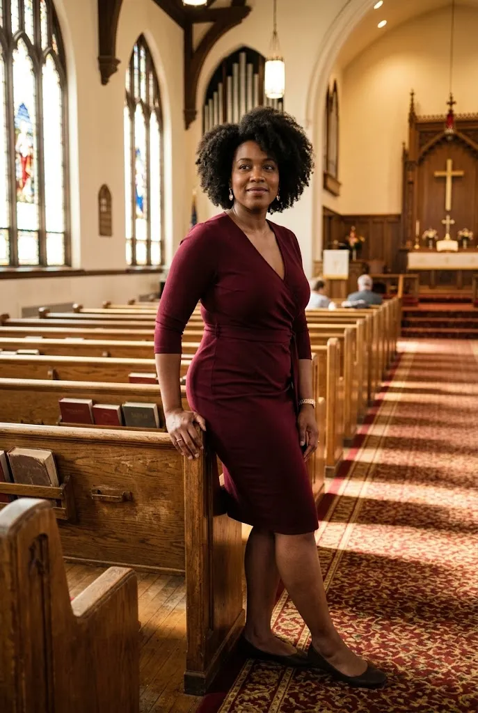 Plus size Black American woman wearing a burgundy ponte knit wrap dress in a church aisle