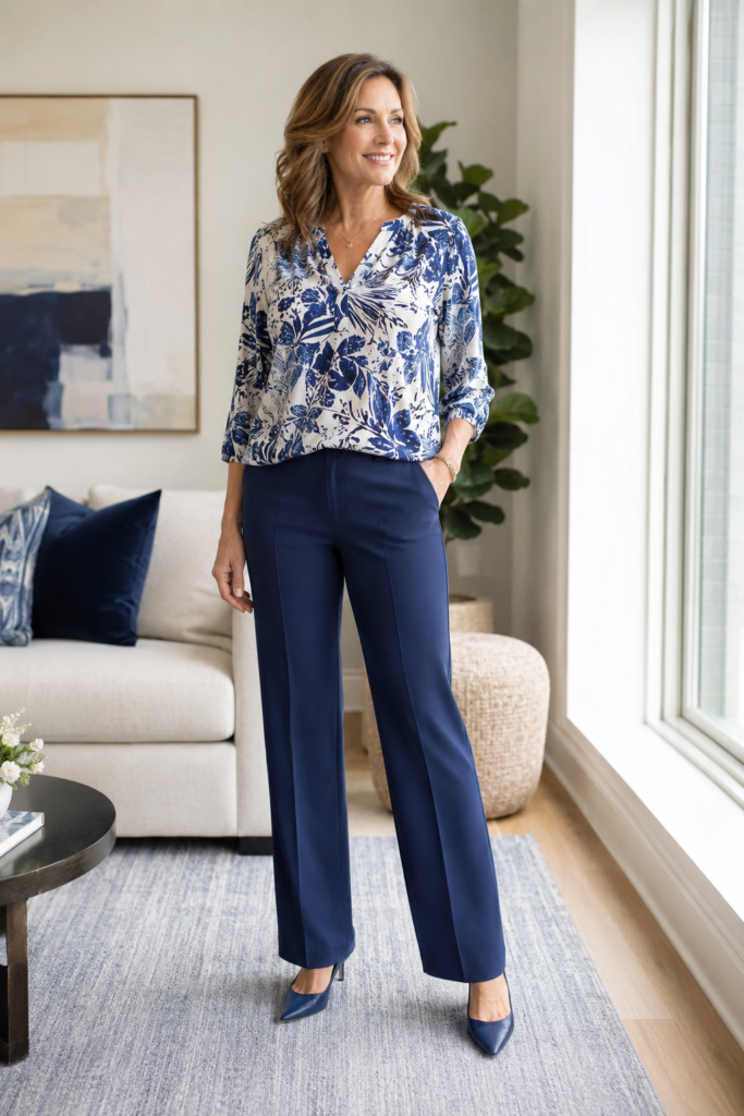 Woman over 40 wearing a printed top paired with solid color trousers and shoes