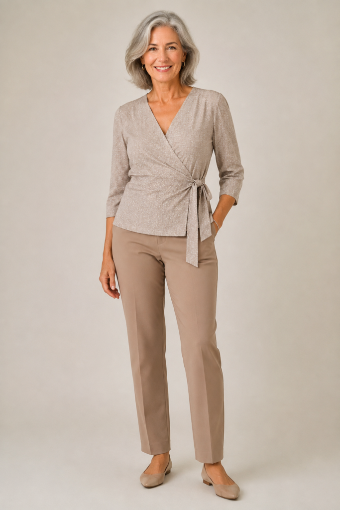 Printed wrap top paired with straight-leg pants in a coordinating solid color