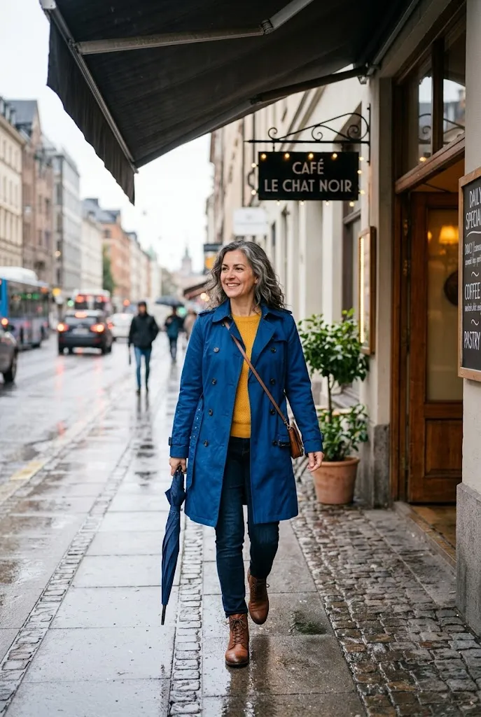 Woman in her 40s wearing a colored trench coat and ankle boots on a rainy brunch day