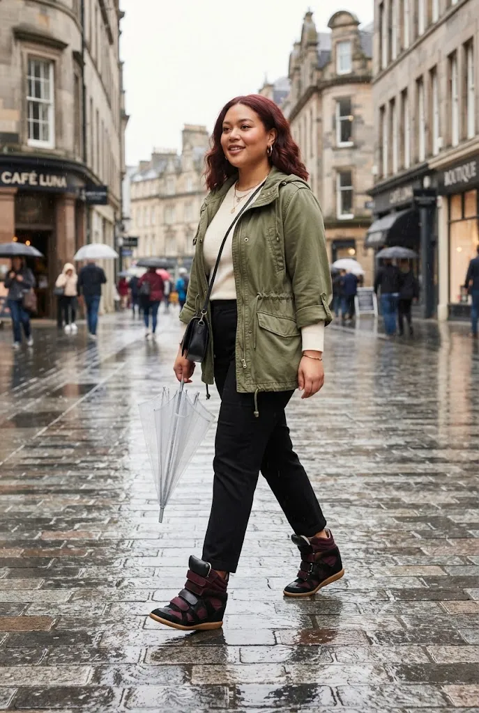 Woman in a utility jacket wearing burgundy Isabel Marant-style wedge sneakers on a rainy getaway