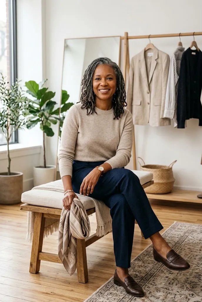 Woman over 30 wearing a refined neutral knit sweater with tailored trousers