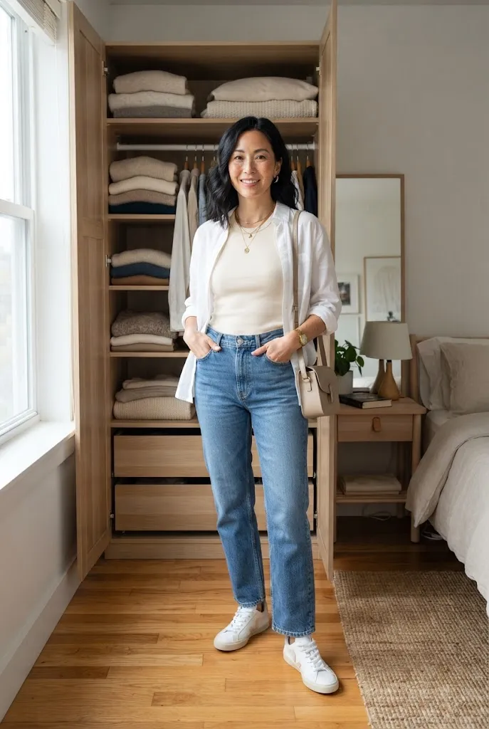 Woman styling a neutral cotton tank with an open shirt and denim for a relaxed capsule wardrobe look.