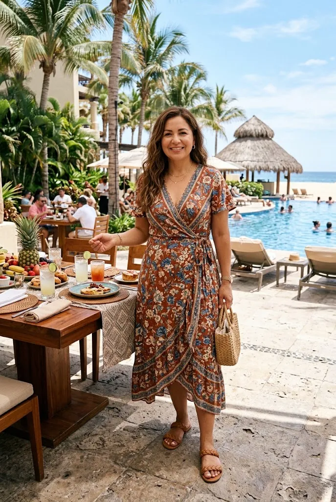 Woman in her 40s in a wrap dress at a resort style vacation brunch