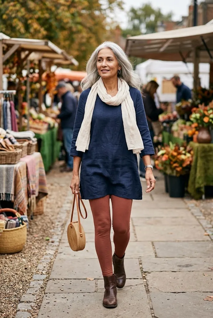 Woman over 50 wearing rust leggings with a navy tunic and cream scarf