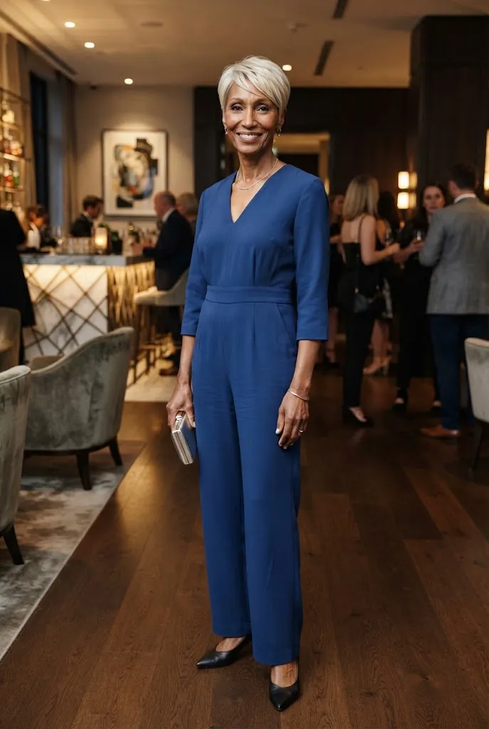 Woman over 40 wearing a sapphire jewel-tone jumpsuit for an elegant girls night out