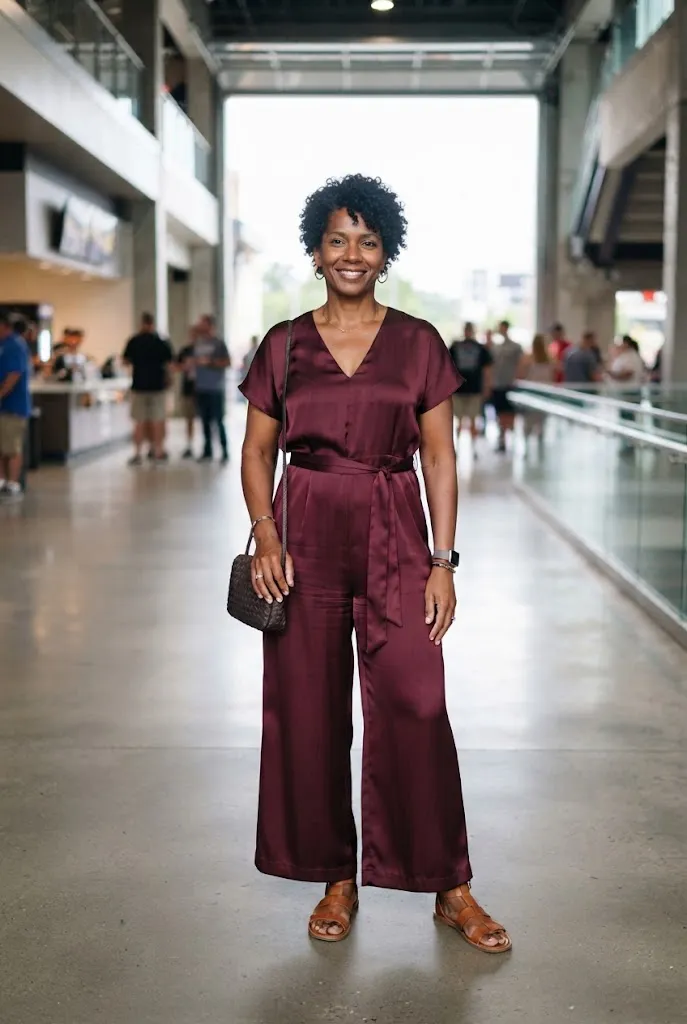 Woman in her 40s wearing a wide-leg wine-colored satin jumpsuit with a cinched waist