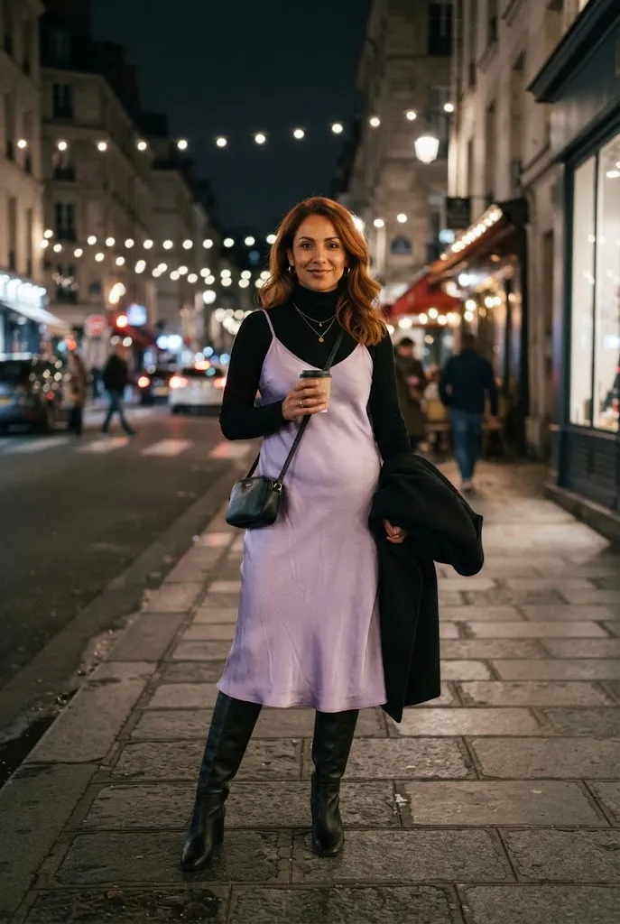 Woman in her early 40s wearing a lilac satin slip dress layered over a black turtleneck for a concert outfit