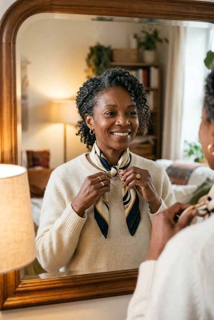 Black woman over 40 tying a silk scarf around her neck
