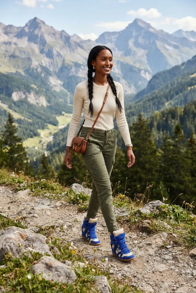 Woman in cargo pants wearing blue Isabel Marant-style wedge sneakers on a scenic trail