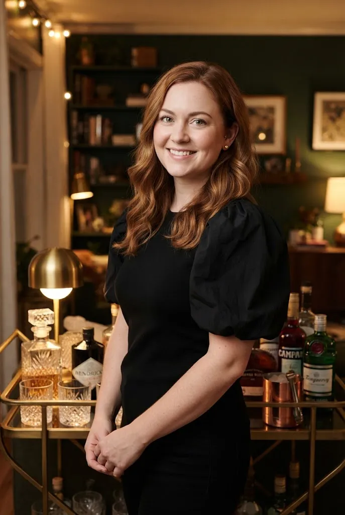 Woman wearing a sculpted sleeve top with minimal jewelry for a cocktail party