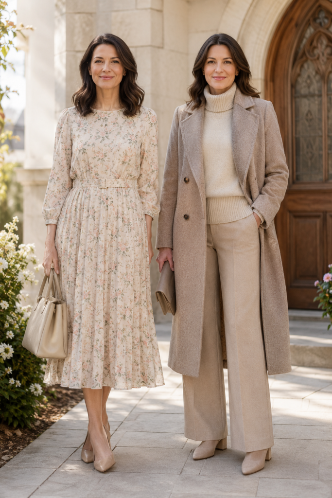Seasonal church outfits for women over 40 shown side by side