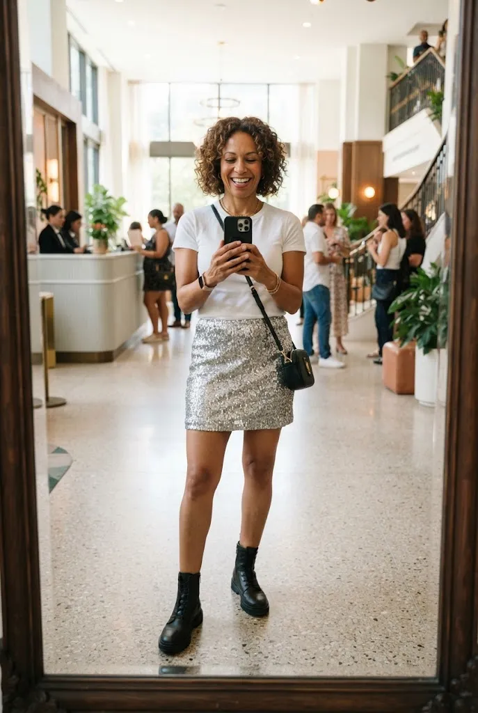 Woman in her 40s wearing a silver sequin mini skirt with a plain white tee and flat boots