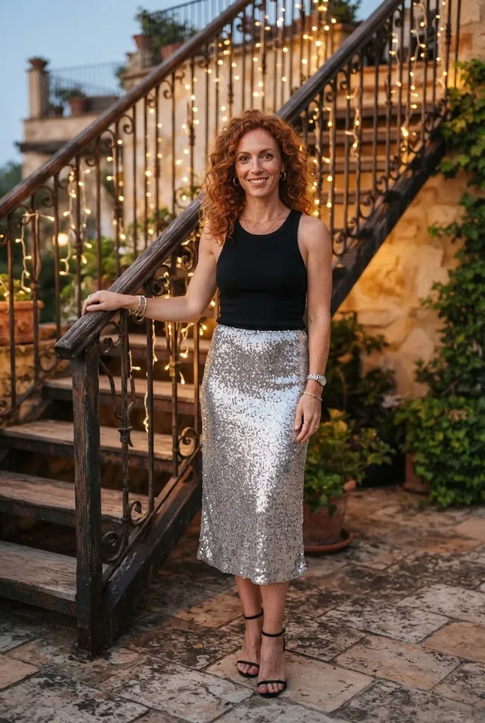 Woman balancing a sequin skirt with a plain fitted top for a cocktail party
