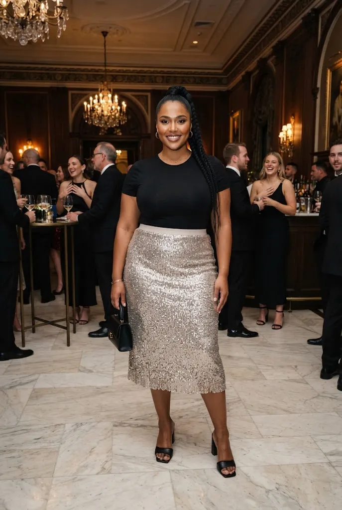Curvy woman wearing a sequin skirt with a simple fitted party top